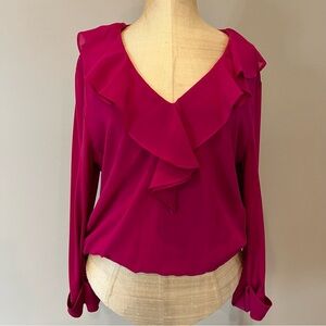 Karl Lagerfeld Oversized Ruffle Blouse‎ Top Sheer Overlay Size S Cranberry Pink
